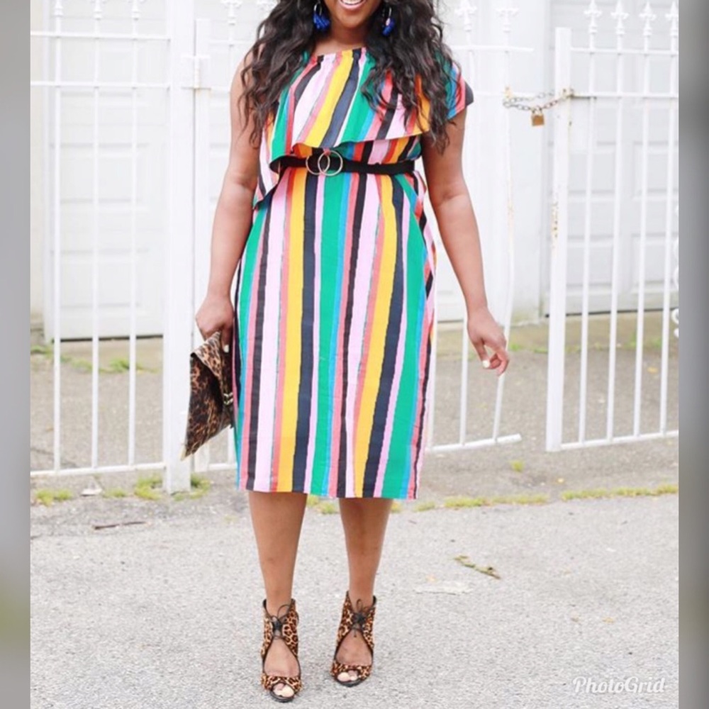 Striped Off The Shoulder Ruffle Midi Dress NWT